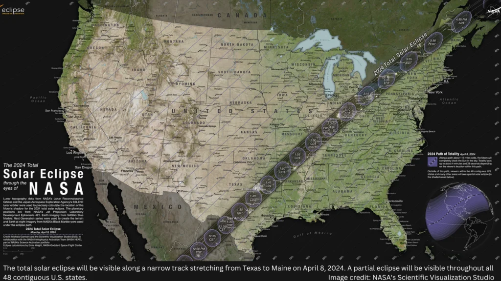 The total solar eclipse will be visible along a narrow track stretching from Texas to Maine on April 8, 2024. A partial eclipse will be visible throughout all 48 contiguous U.S. states. Image credit: NASA's Scientific Visualization Studio.